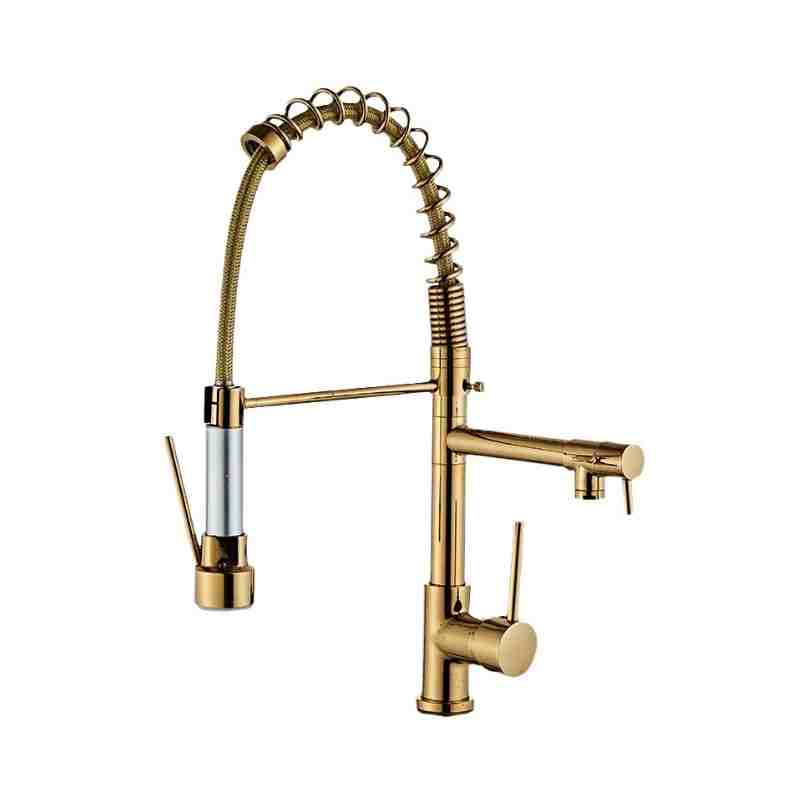 Golden high-pressure pull-out large spring dual outlet kitchen faucet