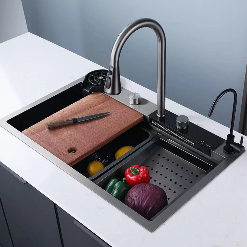 Flying Rain Nano Black Cup Rinser Waterfall Sink With Handmade Smart Kitchen Sink With Cup Washer