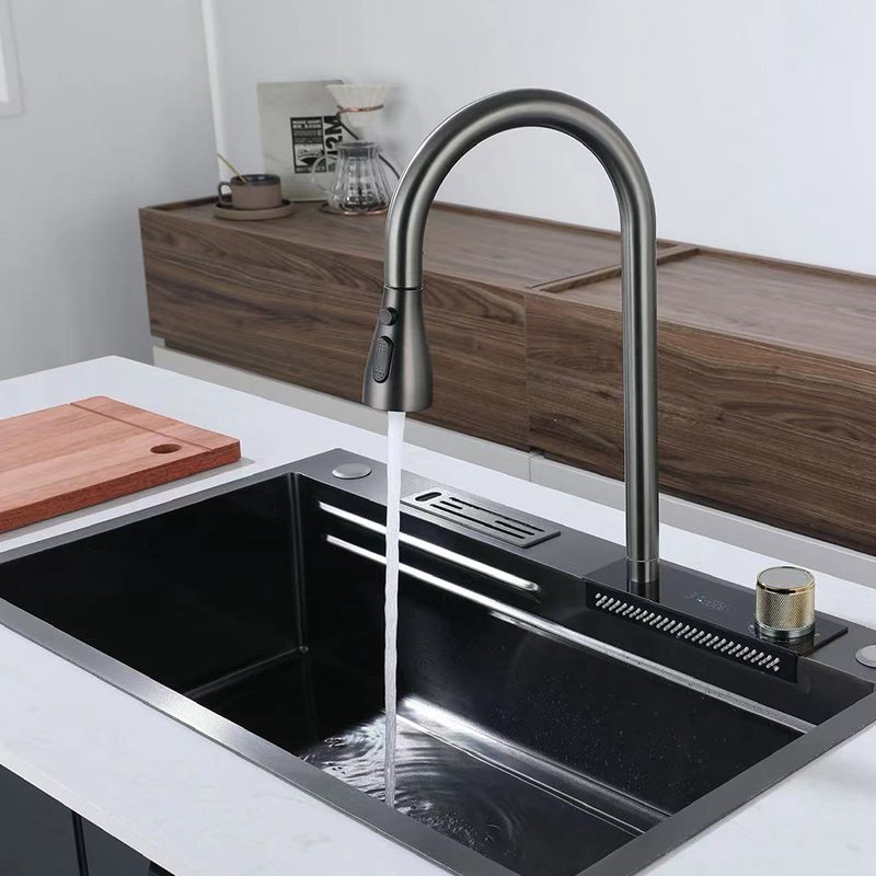 Waterfall Faucet Nano Black Kitchen Utensil Basin Flying Rain Faucet Digital Display Kitchen 304 Stainless Steel Sink