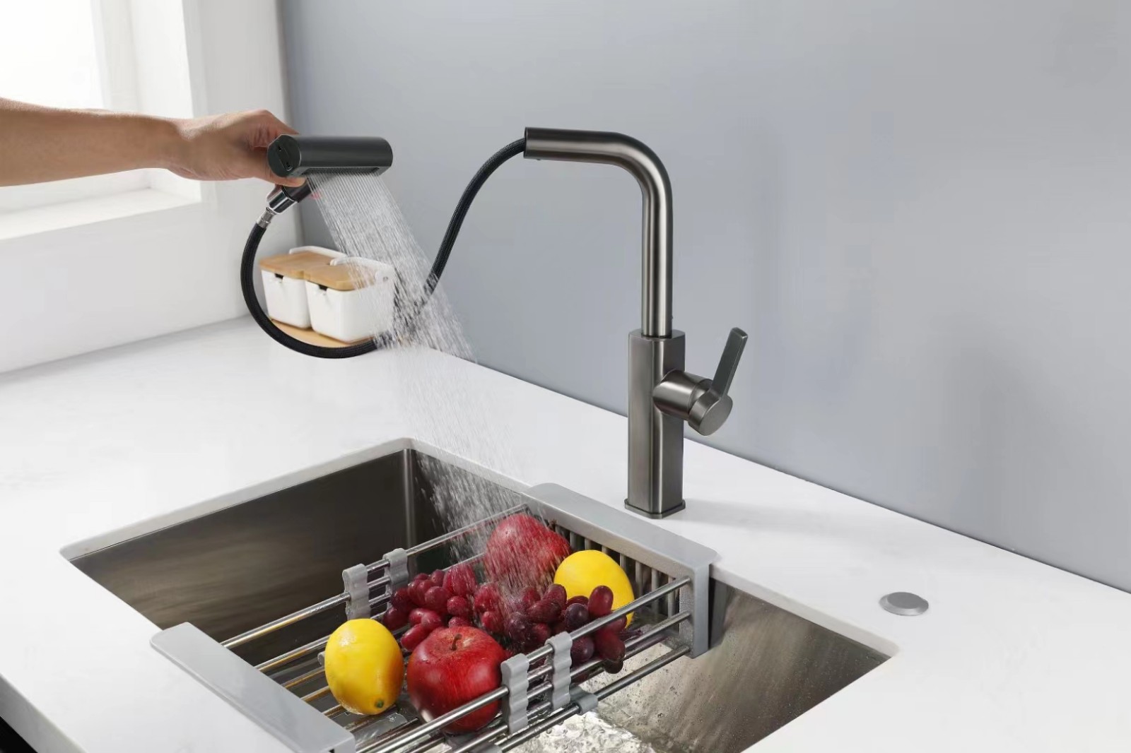 Waterfall Grey Sink Kitchen Faucet Hot Cold Single Hole Pull Out Mixer Tap Multiple Water Outlets Rotation Rainfall Faucet Tap