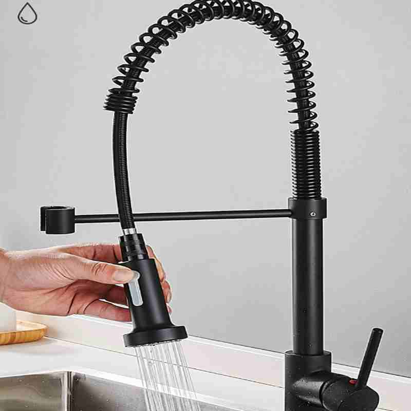 Black spring pull-out faucet for household vegetable washing basin hot and cold faucets