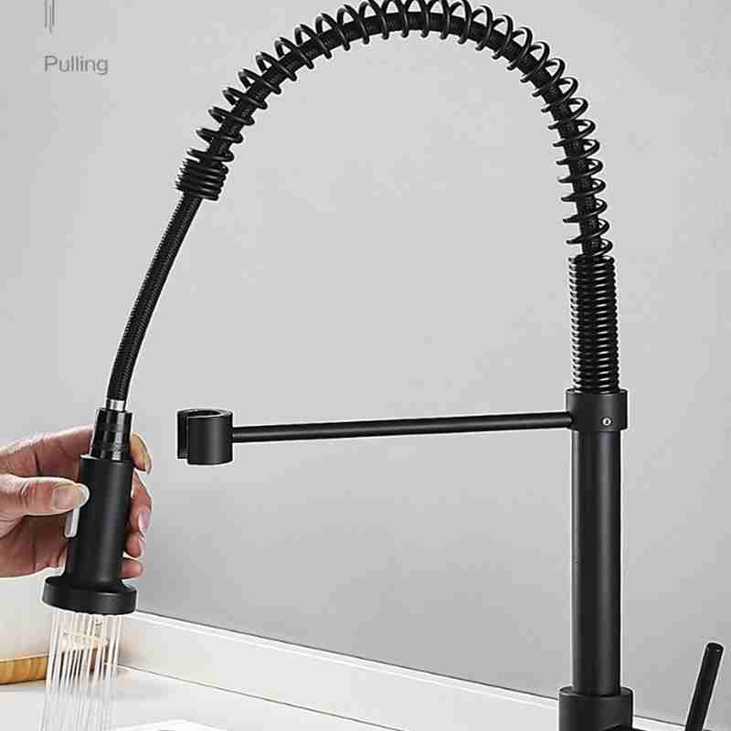 Black spring pull-out faucet for household vegetable washing basin hot and cold faucets