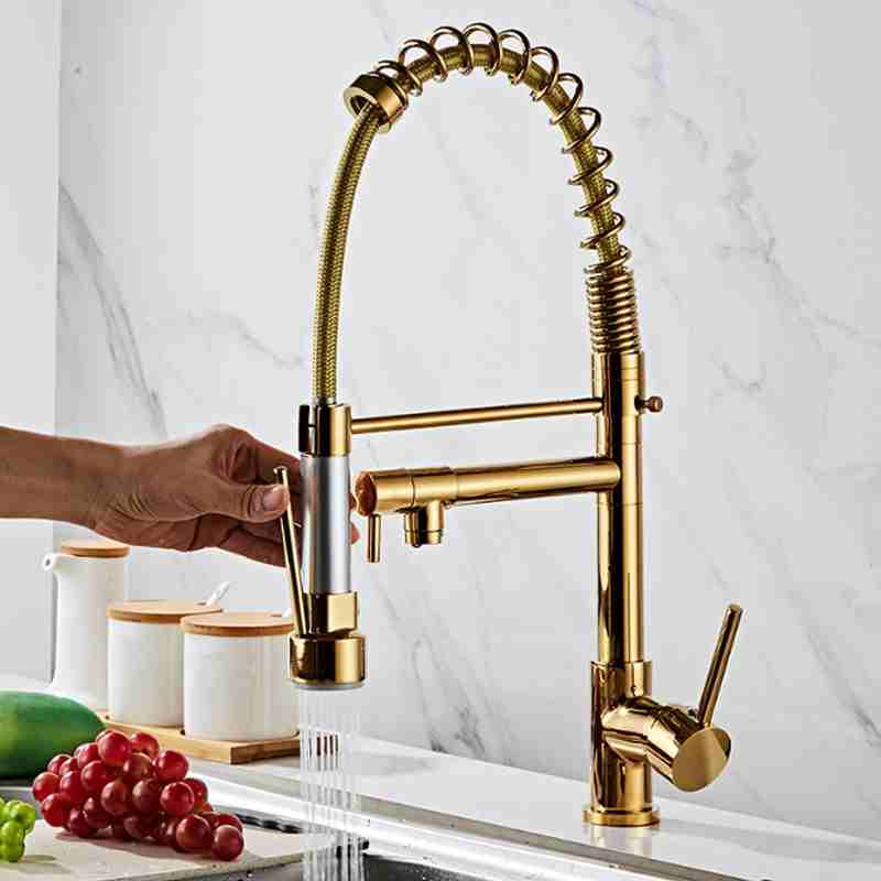 Golden high-pressure pull-out large spring dual outlet kitchen faucet