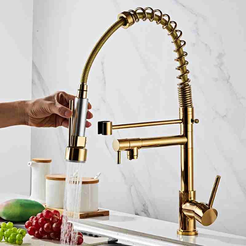 Golden high-pressure pull-out large spring dual outlet kitchen faucet