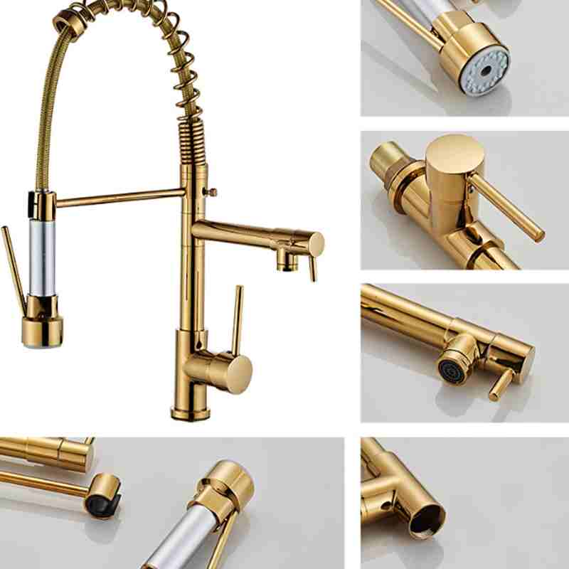 Golden high-pressure pull-out large spring dual outlet kitchen faucet