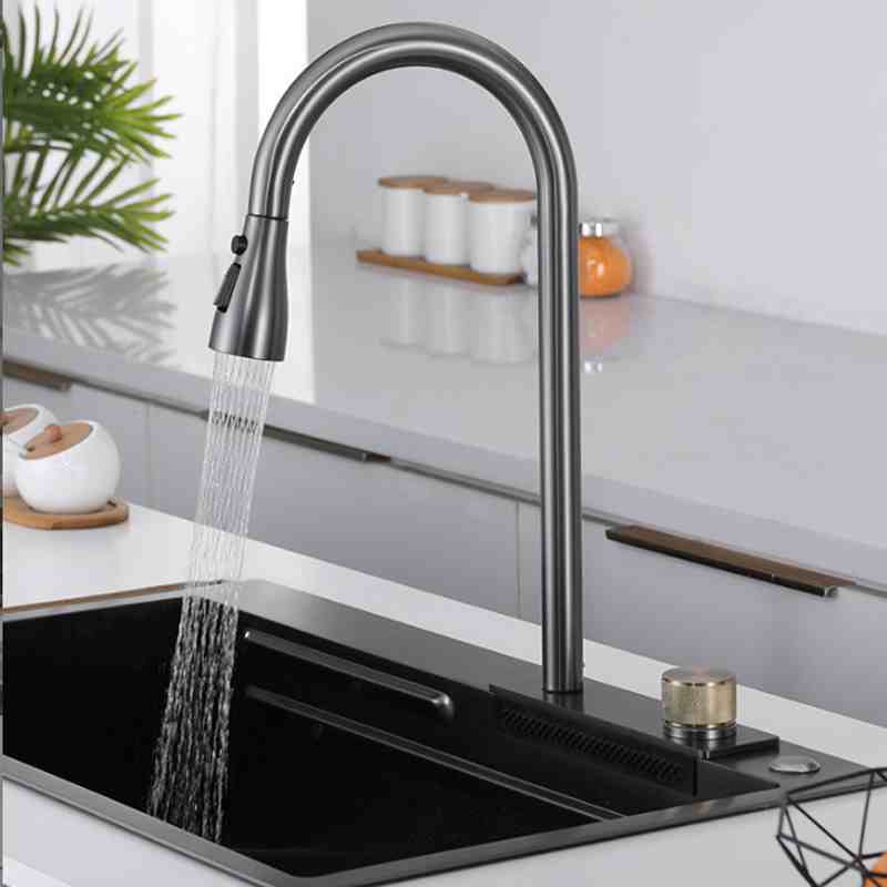 Kitchen Nano Sink Double Hole Pulling Flying Rain Waterfall Faucet