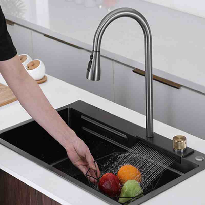 Waterfall vegetable washing basin nano double hole pull-out stainless steel faucet