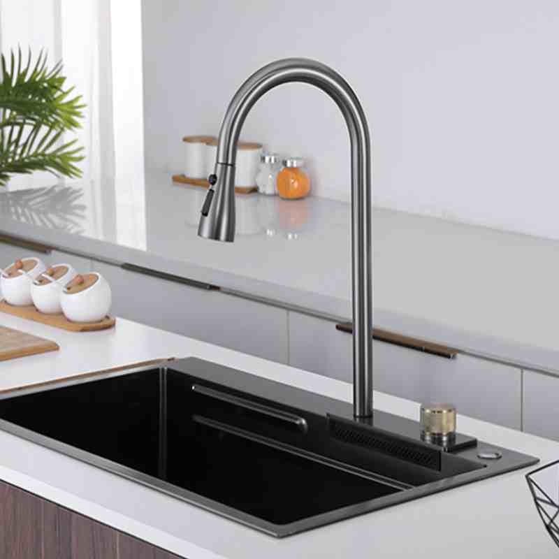 Waterfall vegetable washing basin nano double hole pull-out stainless steel faucet